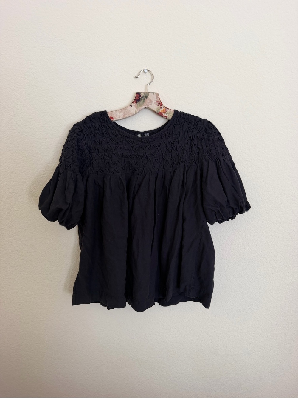 Anthropologie Black Smocked Yoke Puff Sleeve Blouse